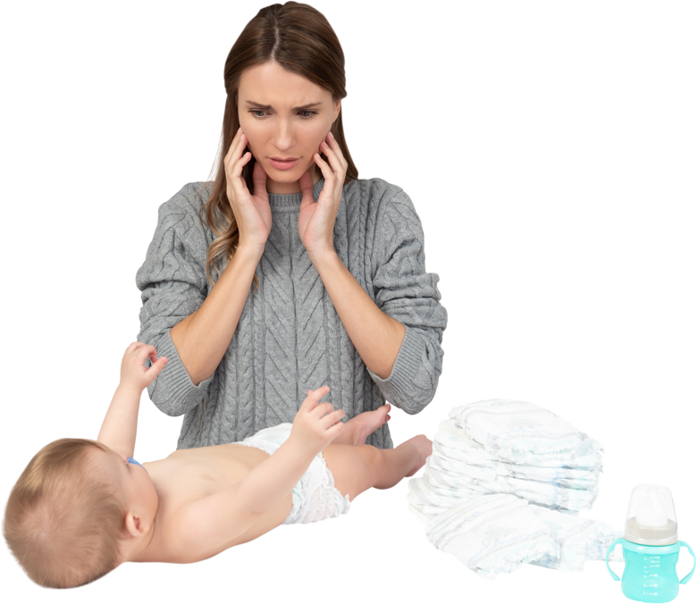 Worried Mother Changing Baby's Diapers